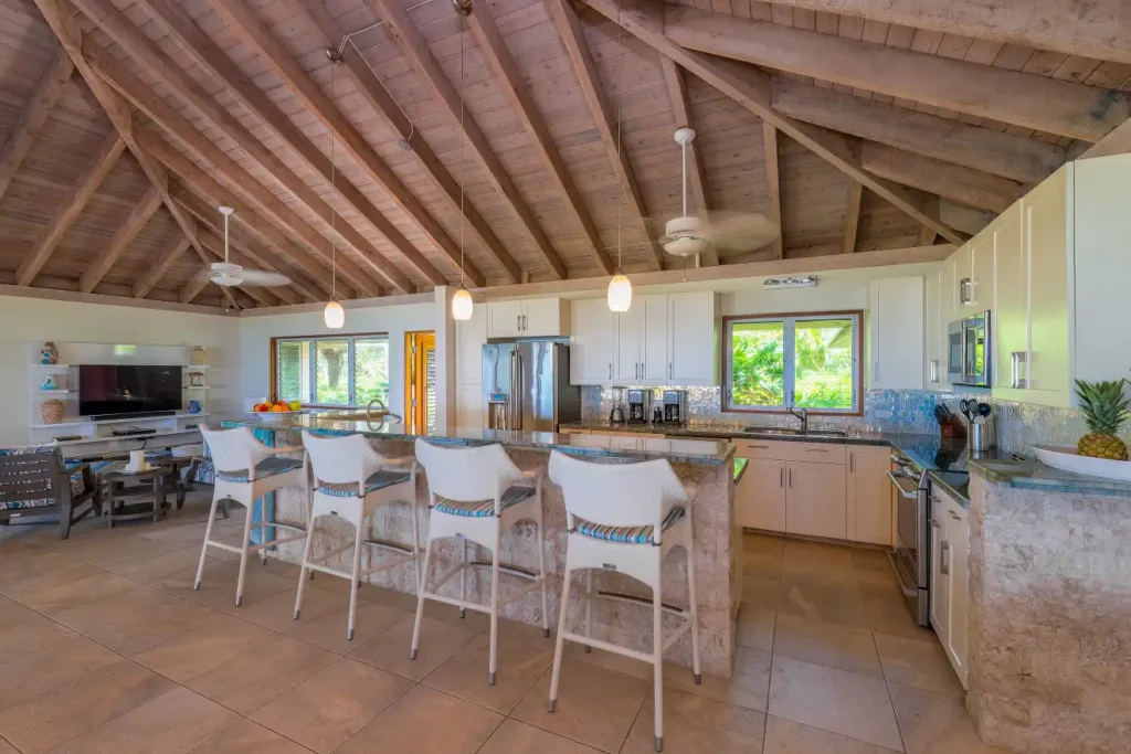 Beachcombe kitchen with bar stools.